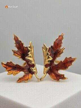 Vintage Canada Maple Leaf Clip On Earrings Red Orange Enamel Gold Tone 1 1/8"